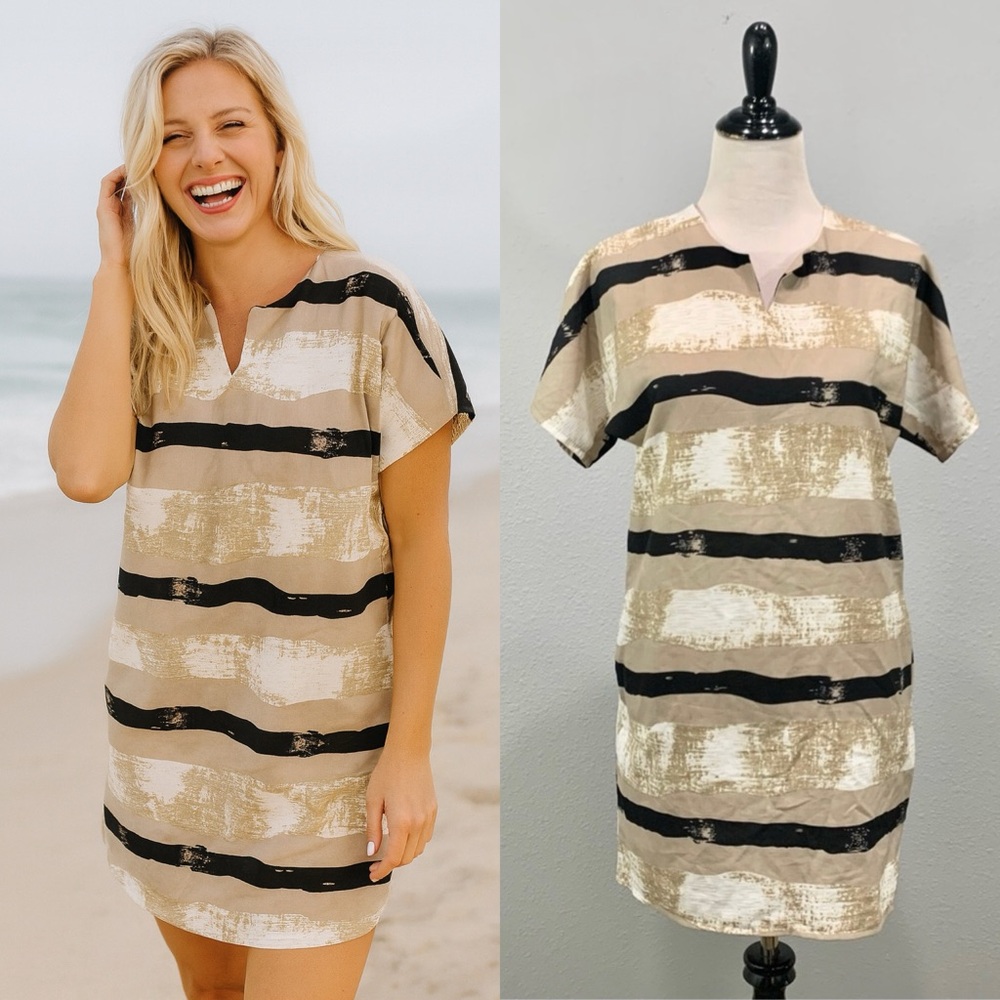 FashionMia Women’s Striped Short Sleeve Shift Dress – Neutral Beige & Black